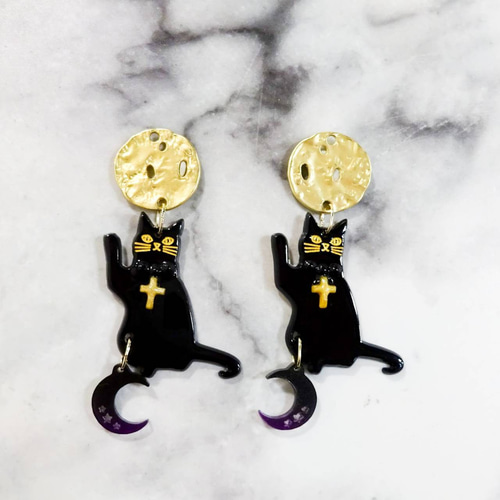 月に願いを 黒猫とお月さま ピアス イヤリング 黒ネコ ねこ cat 大ぶり