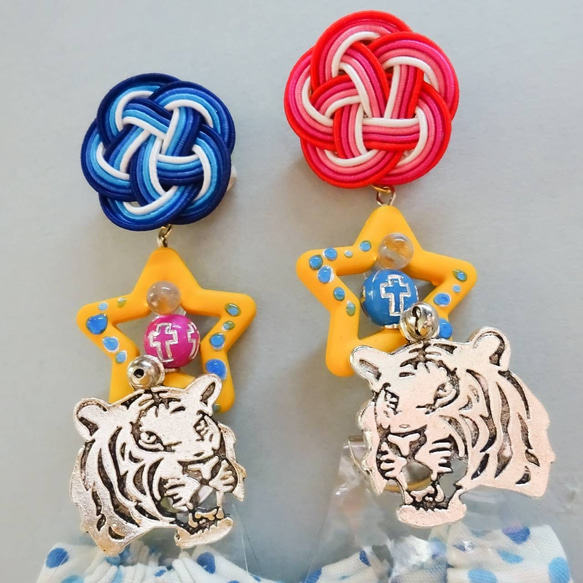 再販　水引とtiger  ピアス イヤリング とらトラ 虎  レトロポップ　 6枚目の画像