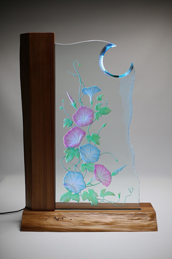 朝の輝き・朝顔のエッチングガラス オブジェ 立体・オブジェ