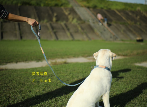 オーダーメイド犬用リード（両側ナスカン）☆栃木レザーに名入れ無料（デニム）　（デニム）　巾１．５㎝　　長さ120／95㎝ 4枚目の画像