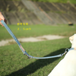 オーダーメイド犬用リード（両側ナスカン）☆栃木レザーに名入れ無料（デニム）　（デニム）　巾１．５㎝　　長さ120／95㎝ 5枚目の画像