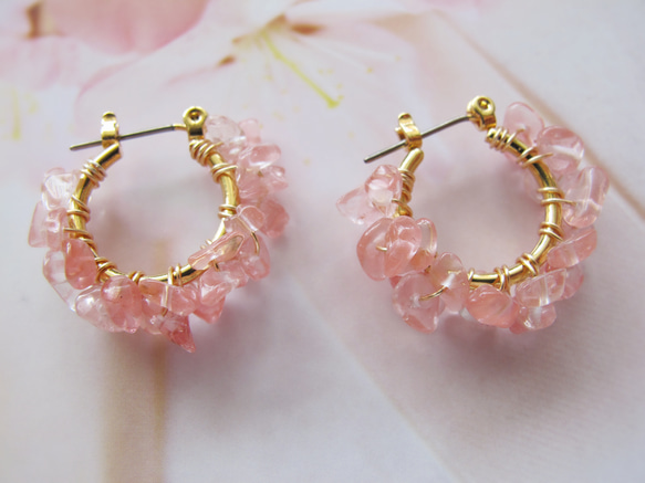 櫻色粉水晶鈦鈎圓耳環or夾式耳環 第2張的照片