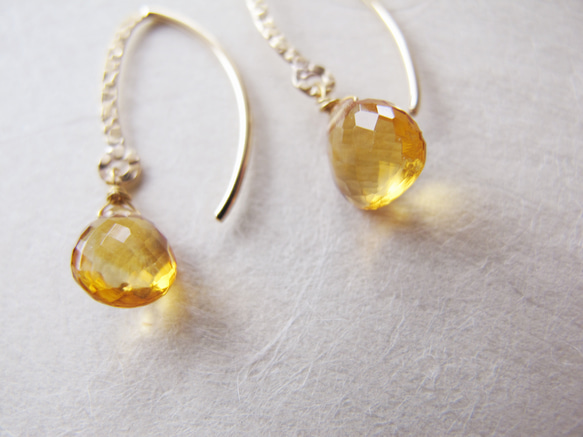 稀有/頂級“白蘭地黃水晶”十一月生日石/14KGF 豪華碧歐蕾特切割耳環或耳環 第2張的照片