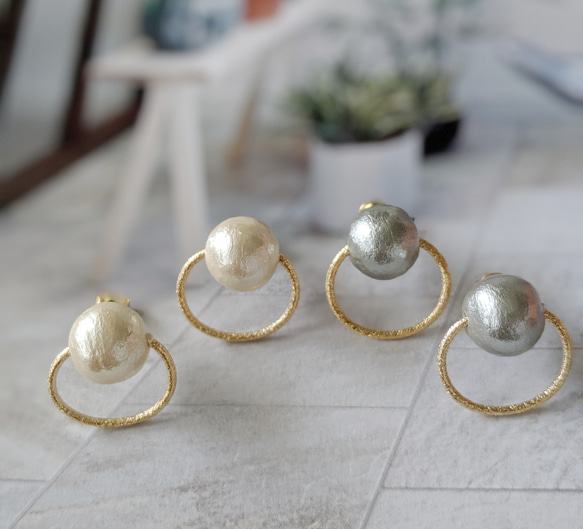 cotton pearl（grey/champagne）gold ring pierce or earring 1枚目の画像