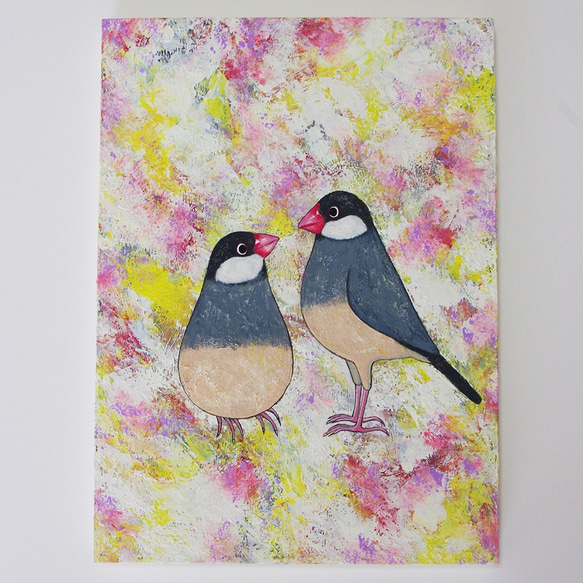 【保存版】 文鳥 原画「求愛」F4サイズ 油絵 桜文鳥 ヒサキ 絵画 絵画 絵画