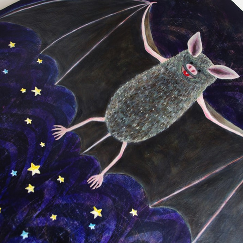 油絵 アートキャンバス「夜を作る」F8 蝙蝠 コウモリ 絵画