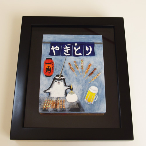 油絵 原画「やきとり 一角」F0サイズ イッカク 一角獣 焼き鳥 居酒屋
