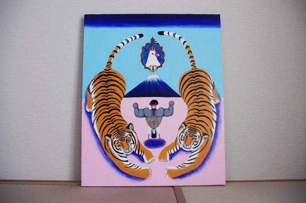 油絵 原画「マッスル伝説」F15サイズ 文鳥 トラ 虎 筋肉 絵画 ヒサキ