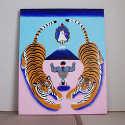 油絵 原画「マッスル伝説」F15サイズ 文鳥 トラ 虎 筋肉 絵画 ヒサキ