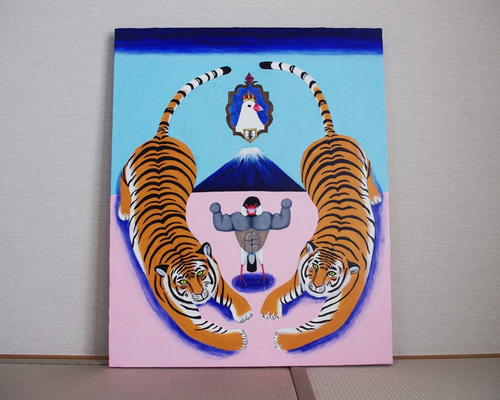 油絵 原画「マッスル伝説」F15サイズ 文鳥 トラ 虎 筋肉 絵画 ヒサキ