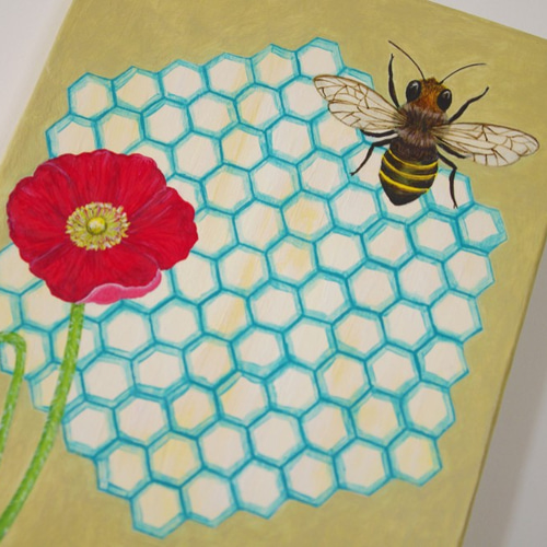 油絵 原画「work」F0サイズ ミツバチ 蜂 ポピー 絵画 ヒサキ