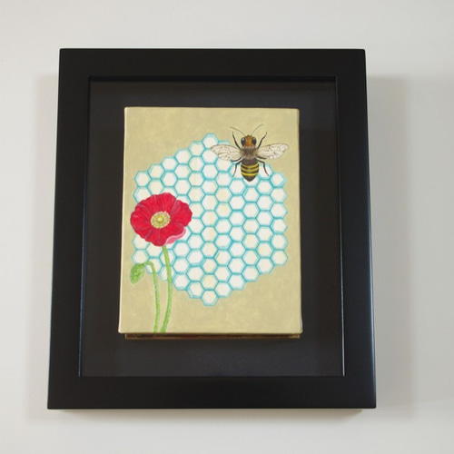 油絵 原画「work」F0サイズ ミツバチ 蜂 ポピー 絵画 ヒサキ