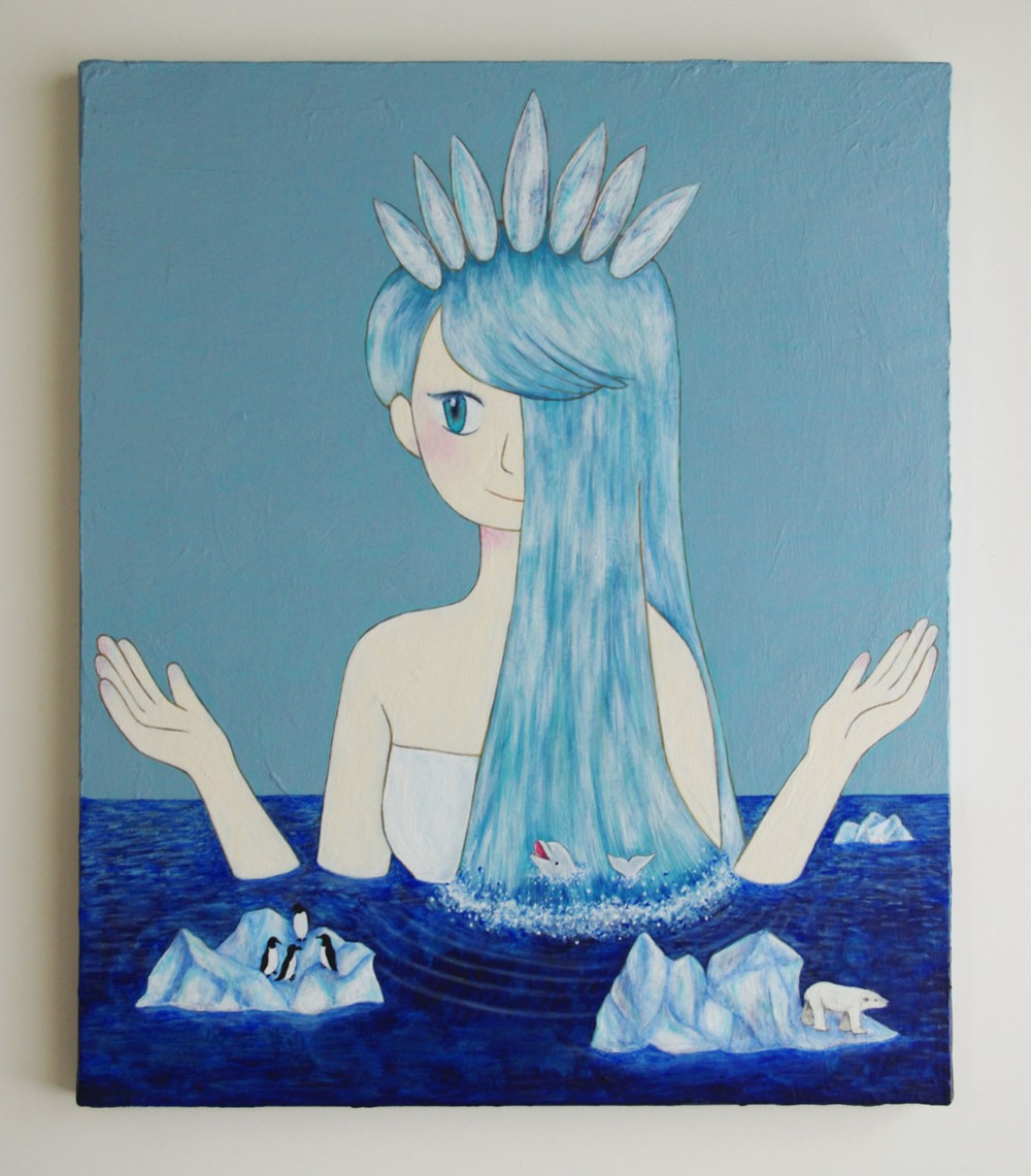 油絵 原画「北極の女王」F8サイズ シロクマ 氷山 海 絵画 ヒサキ