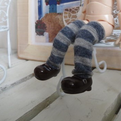 オビツ11 ブルー杢×グレー杢 太ボーダー ソックス 2足セット ドール用 ミニチュア 靴下 5枚目の画像