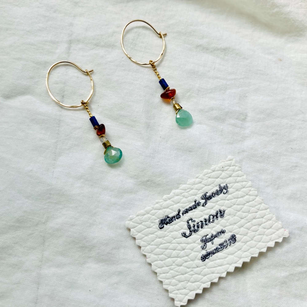 Blue&brown　グランディディエライト×ヘソナイト　２wayフープピアス　k１４gf　イヤリング変更可