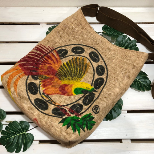 両手がフリー！コーヒー豆麻袋☆ショルダーバッグ☆鳥+文字☆パプア  