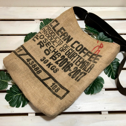 両手がフリー！コーヒー豆麻袋☆ショルダーバッグ☆王道！両面文字  