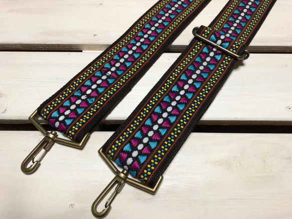 50mm太幅・斜め掛けショルダーストラップ★エスニック風柄・織り刺繍リボン極太ショルダーベルト50ｍｍこげ茶色 1枚目の画像