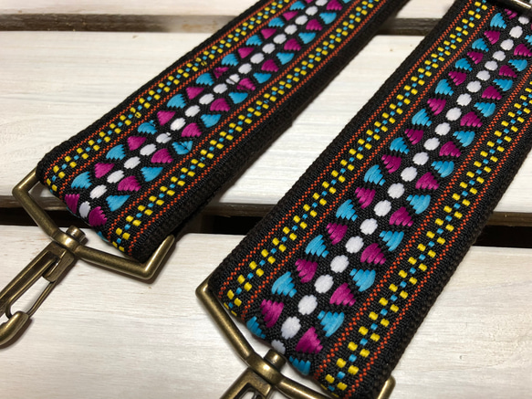 50mm太幅・斜め掛けショルダーストラップ★エスニック風柄・織り刺繍リボン極太ショルダーベルト50ｍｍこげ茶色 2枚目の画像