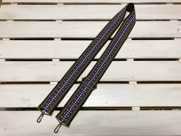 50mm太幅・斜め掛けショルダーストラップ★エスニック風柄・織り刺繍リボン極太ショルダーベルト50ｍｍこげ茶色 4枚目の画像