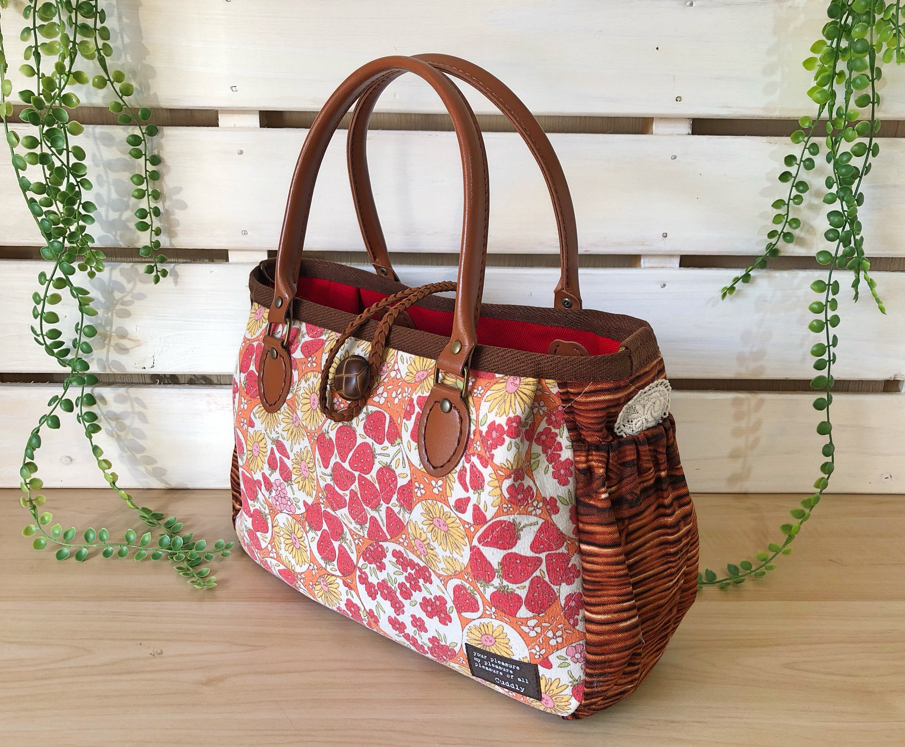 YUWAイチゴ・フラワーシャボン★ファーカバー付きかごバッグ風カーペンター小・2wayオレンジ