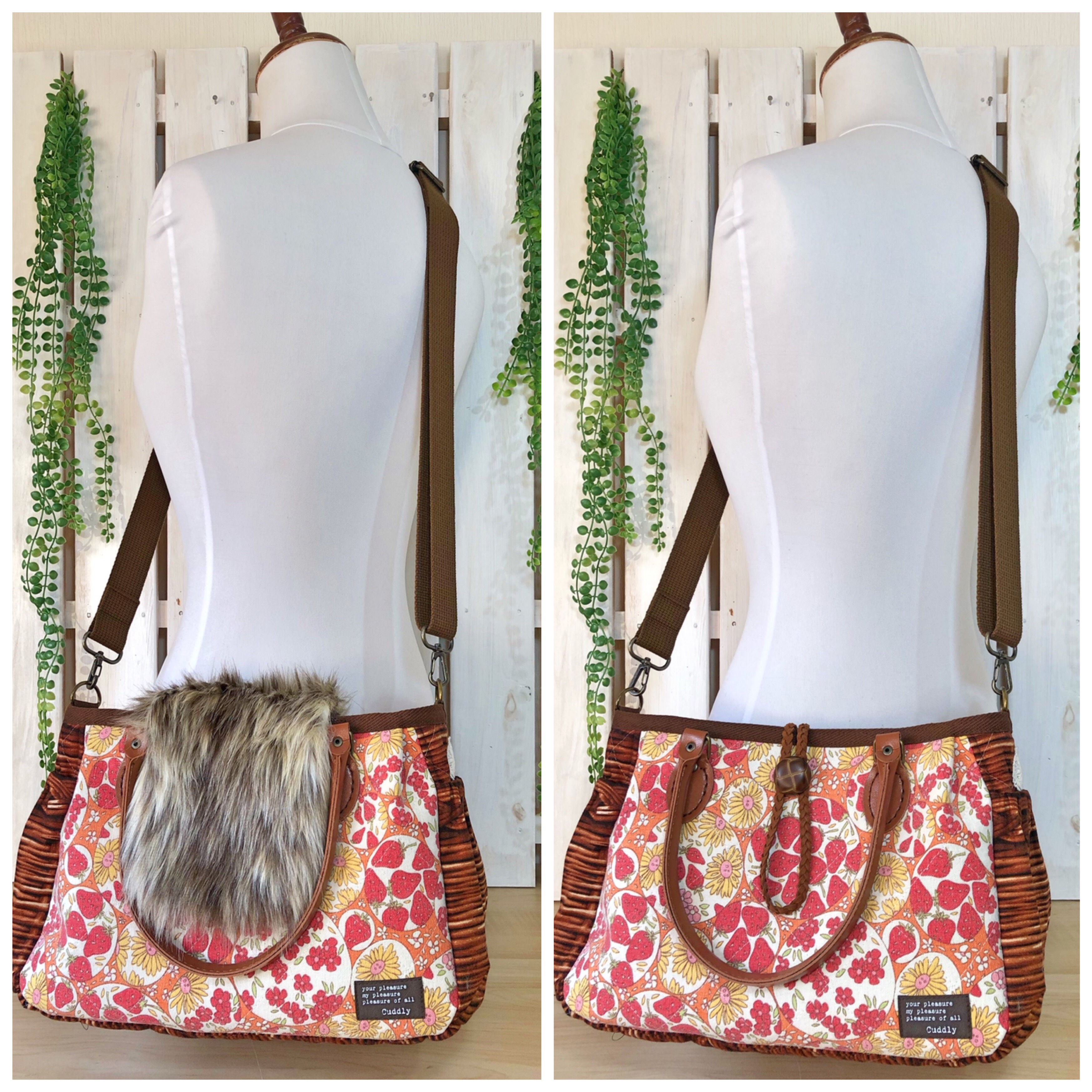 YUWAイチゴ・フラワーシャボン★ファーカバー付きかごバッグ風カーペンター小・2wayオレンジ