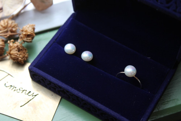 【包郵】碎花白淡水鈕扣珍珠戒指耳環可選銀925◦14kgf 第3張的照片