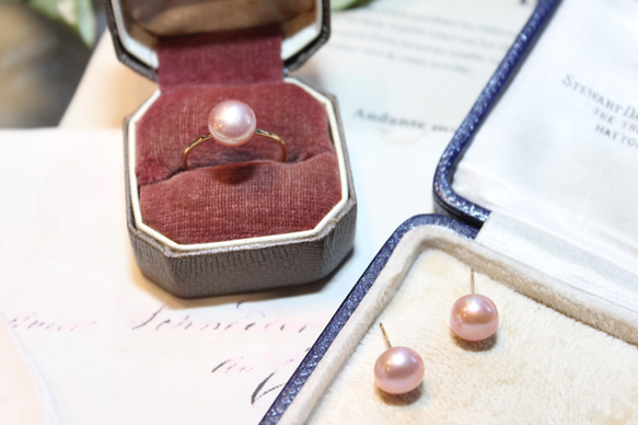 乳紫粉色淡水鈕扣珍珠戒指耳環銀92514kgf 第3張的照片