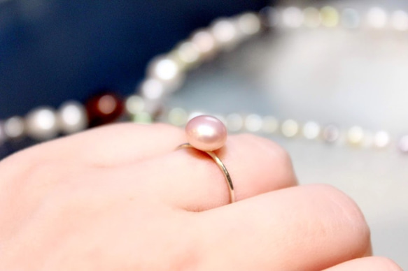 乳紫粉色淡水鈕扣珍珠戒指耳環銀92514kgf 第5張的照片