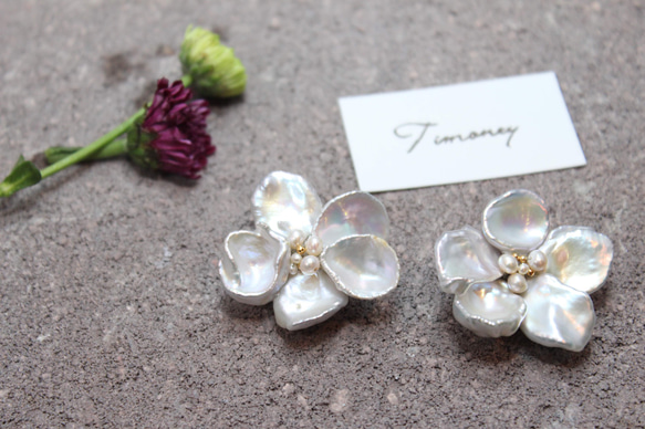 【包郵】天然罌粟花珍珠花朵耳環+銀色填充順豐寶寶Akoya珍珠戒指 第2張的照片