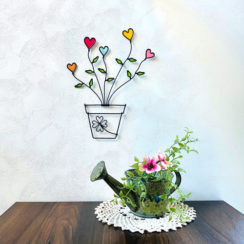 幸運の植木鉢 〜ハート〜 ワイヤークラフト アート 花 壁 飾り
