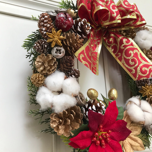 ラメ入り赤い大きなリボンのクリスマスリース リース Hiro 通販