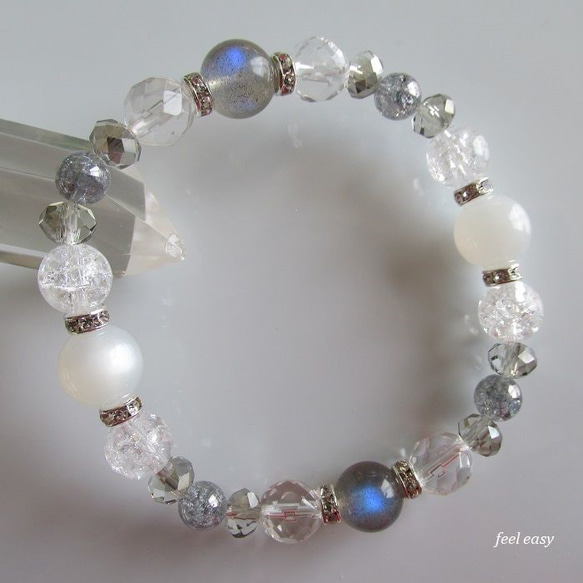 ムーンストーン、ラブラドライト、シルバーオーラ、水晶のブレスレット