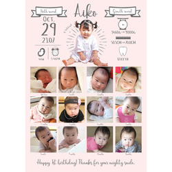 1歳のお誕生日用ベビーポスター/成長時計(ペールピンク) 2枚目の画像
