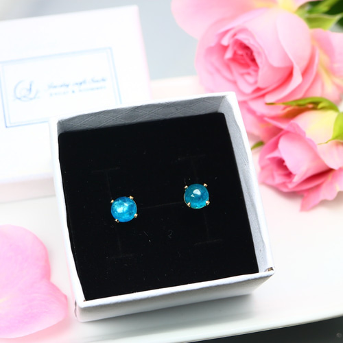 14Kgf】6mm ネオンブルーアパタイト ピアス・イヤリング／アレルギー