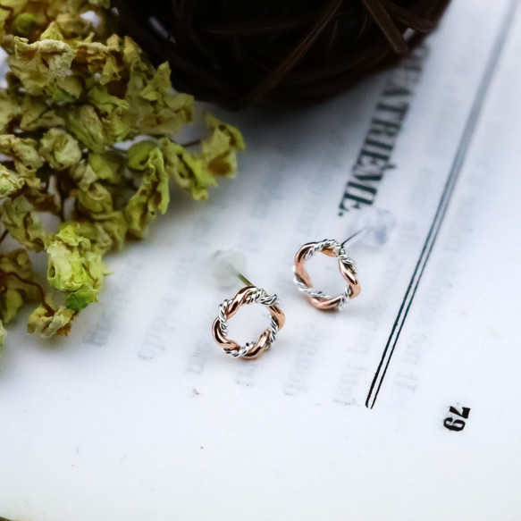 【Creema 獨家】14kgf 玫瑰金銀組合戒指/螺旋耳環或耳釘 第3張的照片