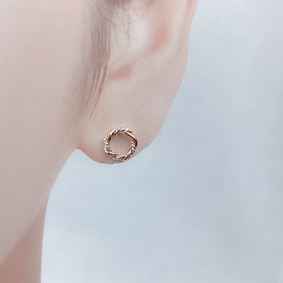 【Creema 獨家】14kgf 玫瑰金銀組合戒指/螺旋耳環或耳釘 第6張的照片