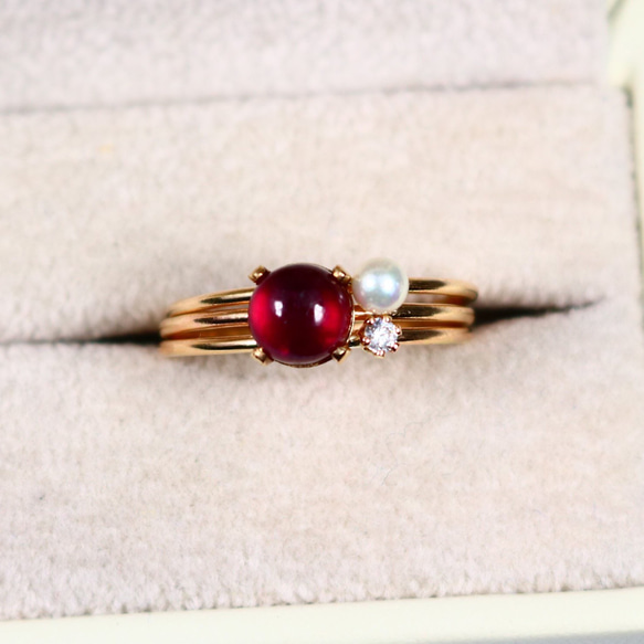 【Creema 限量幸運袋】《3 件套》14kgf 6mm 緬甸紅寶石·2mm 天然石戒指·淡水珍珠 第4張的照片