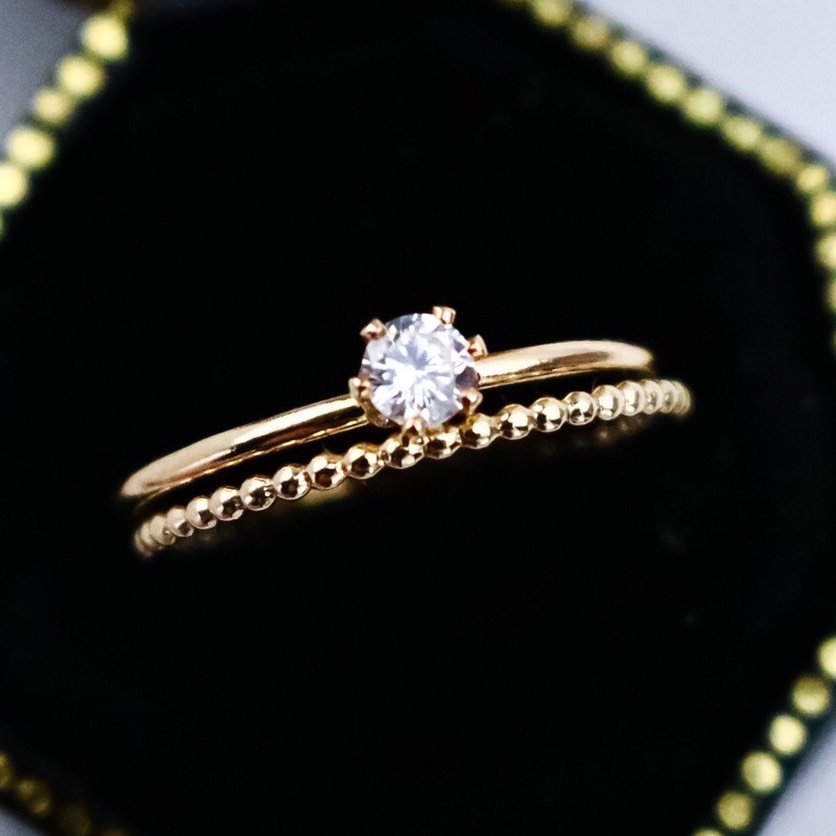 【２本セット】【0.1ct】14kgf 選べる天然石のリング&1.0mmつぶつぶリングセット／選べる天然石／重ね付け