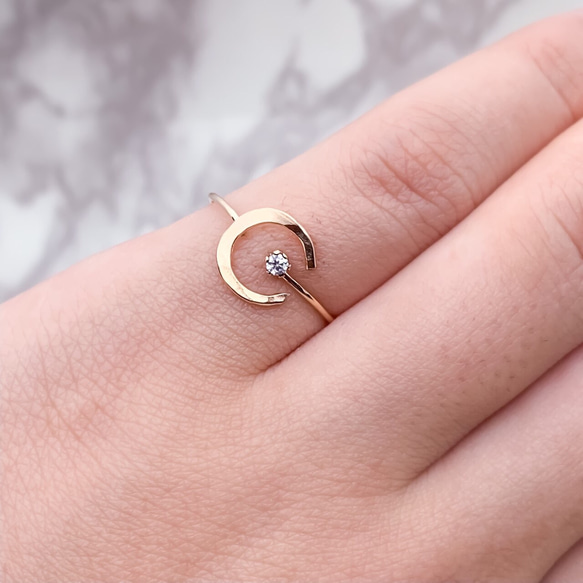 [Creema限定] 14kgf錘紋✳︎月亮和星星   天然石✳︎開放式戒指/尾戒/秋冬 第4張的照片
