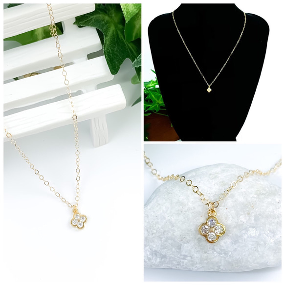 【Creema獨家】14kgf 包鑲鋯石小快樂四葉草項鍊/吊墜 第6張的照片