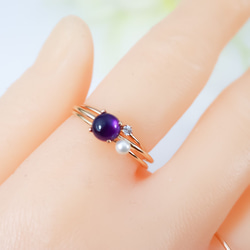 [Creema限定幸運袋]《 3件套》 14kgf 6mm紫水晶・ 2mm天然石戒指・淡水珍珠 第4張的照片