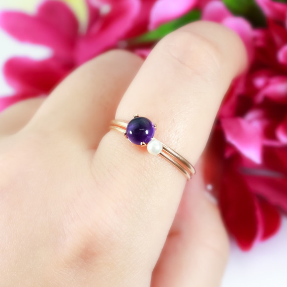 [Creema限定幸運袋]《 3件套》 14kgf 6mm紫水晶・ 2mm天然石戒指・淡水珍珠 第6張的照片