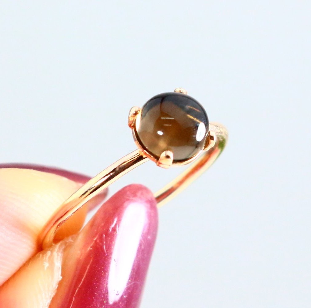 スモーキークォーツ 6mm  天然石リング／カボションカット＊1.3mm幅　大人な深みのあるリング