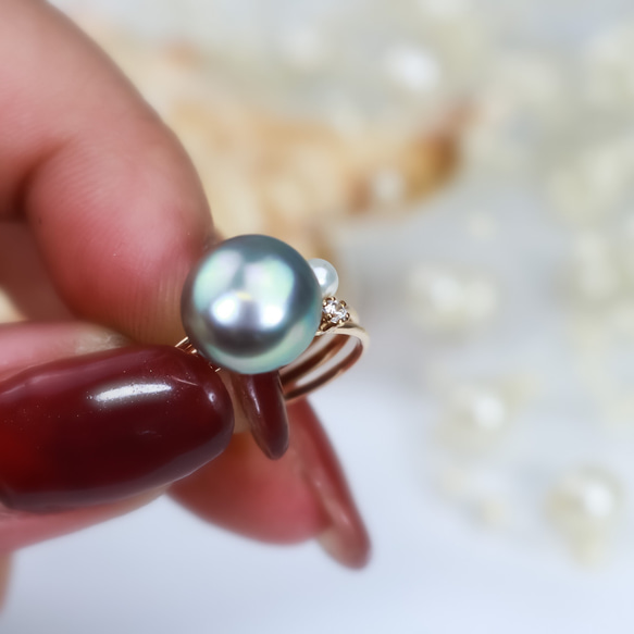 [Creema限定幸運袋]《 3件套》 14kgf 10毫米灰色珍珠2毫米天然石戒指淡水珍珠 第5張的照片