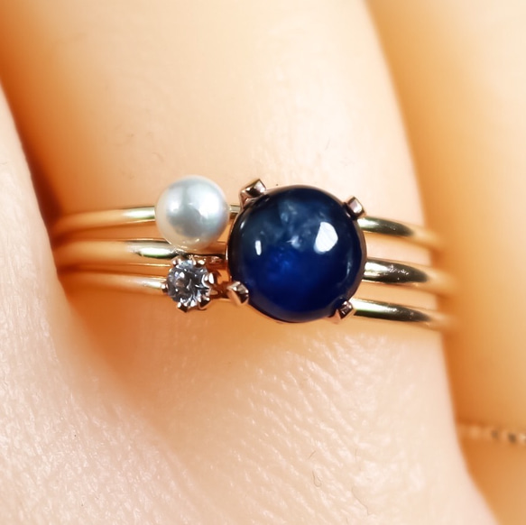 【Creema 限量幸運袋】《3 件套》14kgf 6mm 緬甸藍寶石，2mm 天然石戒指，淡水珍珠 第1張的照片