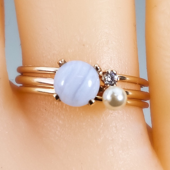 【Creema 限量幸運袋】《三件套》14kgf 6mm 乳藍色蕾絲瑪瑙、2mm 天然石戒指、淡水珍珠 第1張的照片