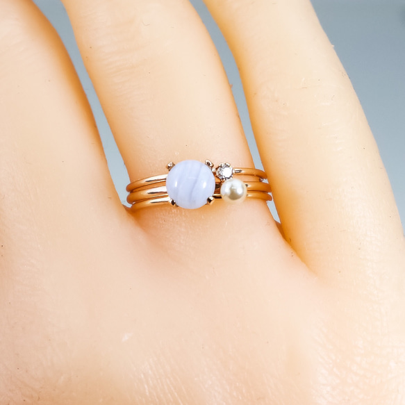 【Creema 限量幸運袋】《三件套》14kgf 6mm 乳藍色蕾絲瑪瑙、2mm 天然石戒指、淡水珍珠 第2張的照片