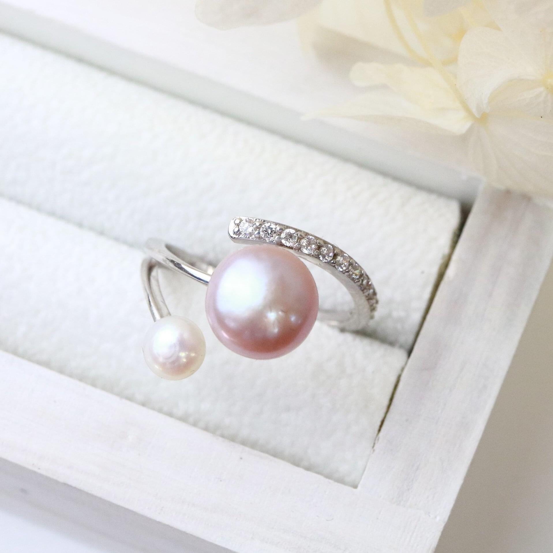 【大特価】【数量限定】silver925　本真珠　パールと染ピンクパールのフォークリング／フリーサイズ　オープンリング