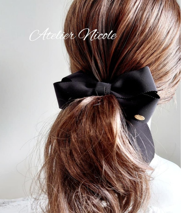 リボンシュシュ(クリップ、ヘアゴム変更可能)【 ブラック 】【ネイビー